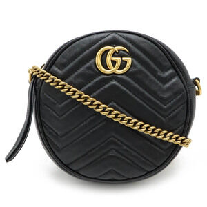 Gucci GG Marmont Round Shoulder Bag Chain Quilted Leather Black